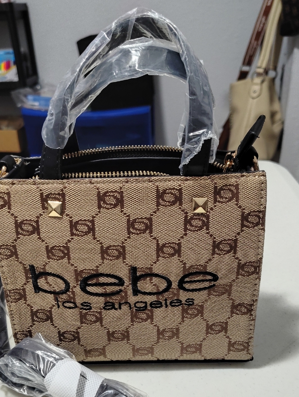 Brand New Bebe Beige and Brown Logo Satchel with Black Accents & Crossbody Strap
